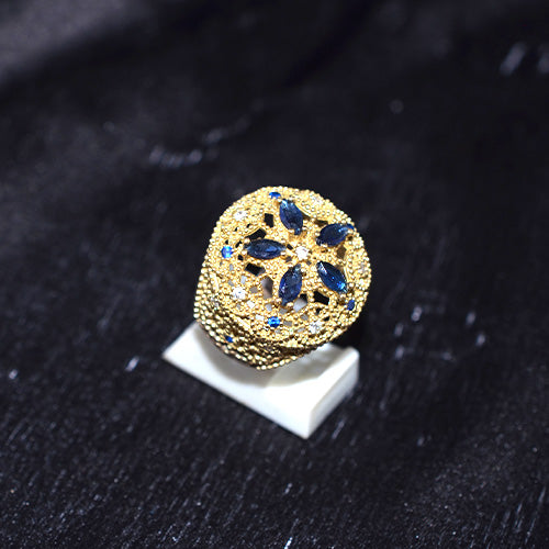 6 Carat Gold Plated Turkish Blue Sapphire Motif Domed Ring