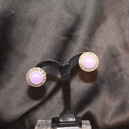 6 Carat Gold Plated Round Lavender Jade Stud Earrings