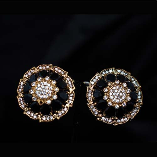 6 Carat Gold Plated Black White Crystal Floral Stud Earrings