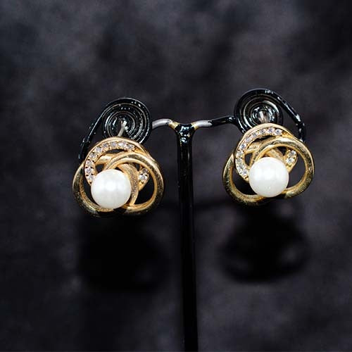 6 Carat Gold Plated White Pearl and Crystal Swirl Stud Earrings