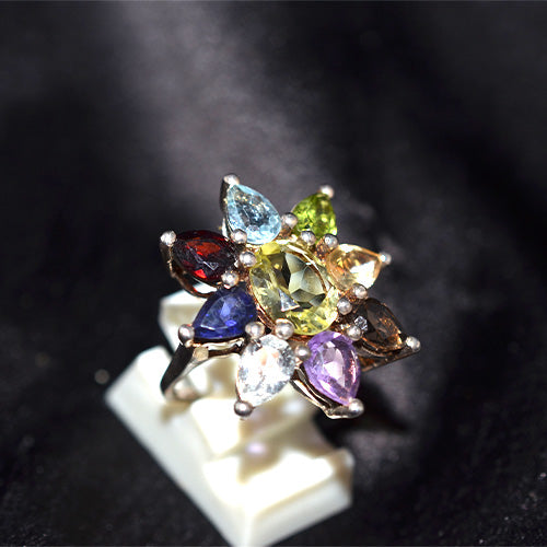 925 Sterling Silver Rainbow Multi Gemstone Flower Ring