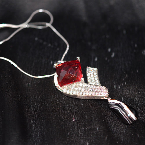 925 Sterling Silver Red Quartz Black Agate Art Deco Pendant