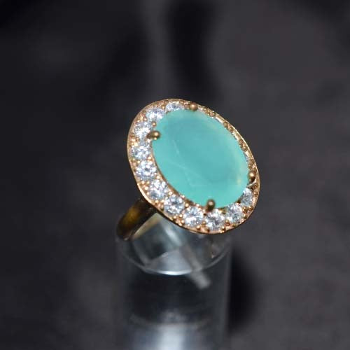 6 Carat Gold Plated Aqua Blue Oval Halo Ring