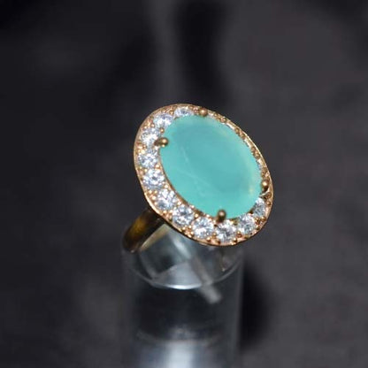 6 Carat Gold Plated Aqua Blue Oval Halo Ring