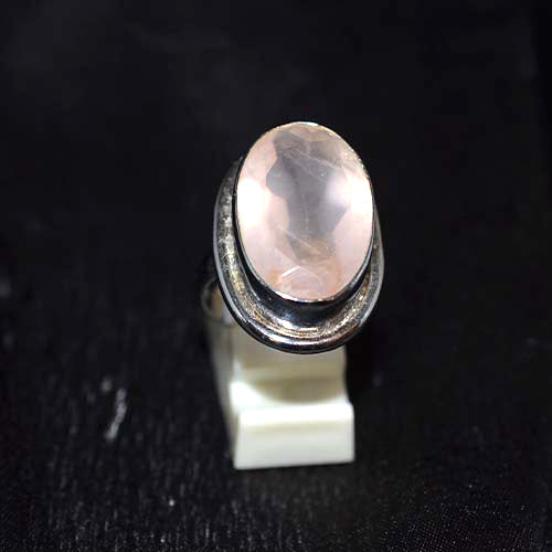 925 Sterling Silver Oval Rose Quartz Textured Bezel Ring