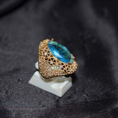 6 Carat Gold Plated Blue Topaz Pavé Marquise Ring