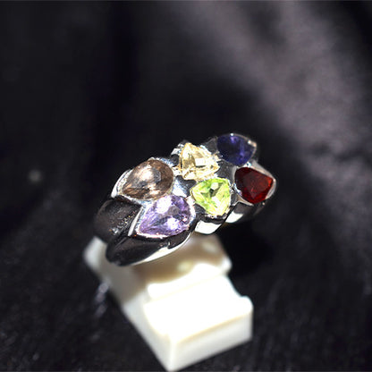 925 Sterling Silver Rainbow Pear Shape Cluster Ring