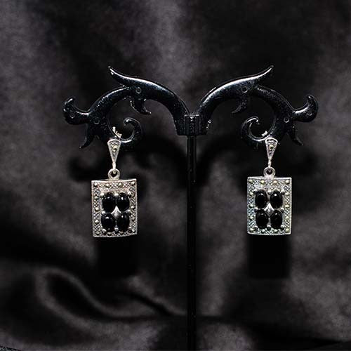 925 Sterling Silver Black Onyx Rectangle Drop Earrings