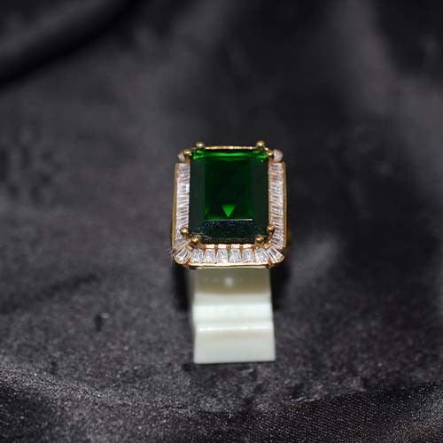 6 Carat Gold Plated Green Emerald Baguette Halo Ring