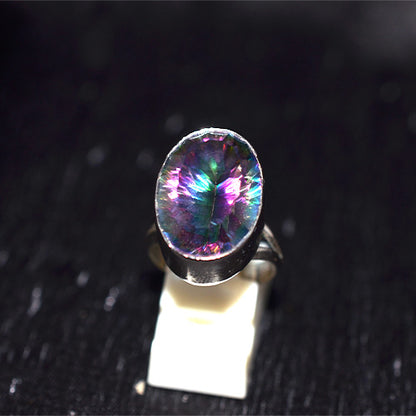 925 Sterling Silver Oval Mystic Topaz Deep Bezel Ring