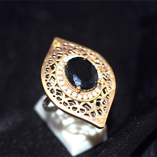 6 Carat Gold Plated Black Onyx Halo Filigree Ring