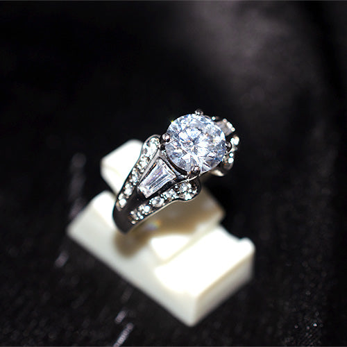 925 Sterling Silver Black Rhodium Round and Baguette Cubic Zirconia Scroll Ring