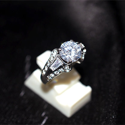 925 Sterling Silver Black Rhodium Round and Baguette Cubic Zirconia Scroll Ring