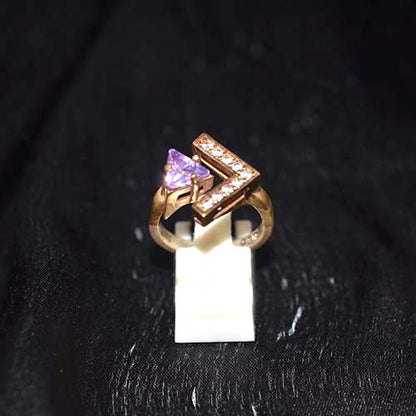 6 Carat Gold Plated Amethyst Chevron Motif Ring with White Stones