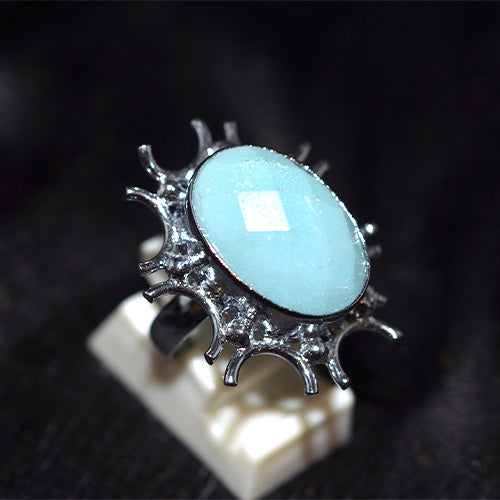 925 Sterling Silver Aqua Chalcedony Sunburst Turkish Ring