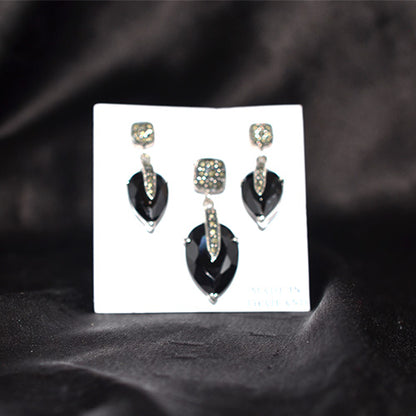 925 Sterling Silver Marcasite Black Onyx Teardrop Pendant and Earring Set