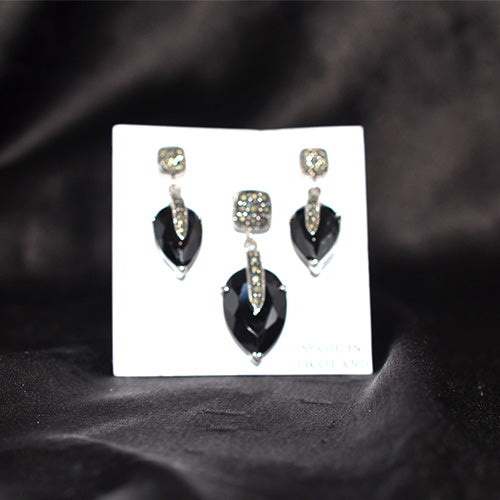 925 Sterling Silver Marcasite Black Onyx Teardrop Pendant and Earring Set