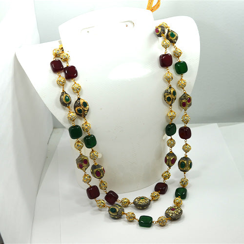 6 Carat Gold Plated Green and Maroon Gemstone Beaded Necklace