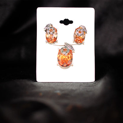 925 Sterling Silver Oval Champagne Crystal Leaf Bail Pendant and Earring Set