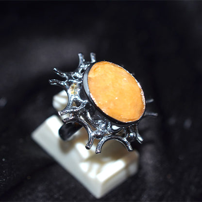 925 Sterling Silver Orange Calcite Sunburst Turkish Ring