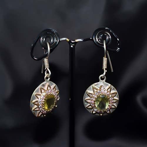 925 Sterling Silver Peridot and Pink Crystal Sunburst Drop Earrings
