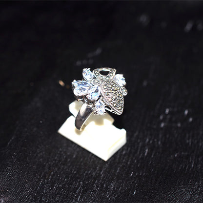 925 Sterling Silver Turkish Marcasite and Crystal Cluster Ring