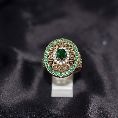 6 Carat Gold Plated Emerald Filigree Oval Ring