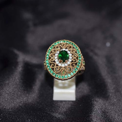 6 Carat Gold Plated Emerald Filigree Oval Ring