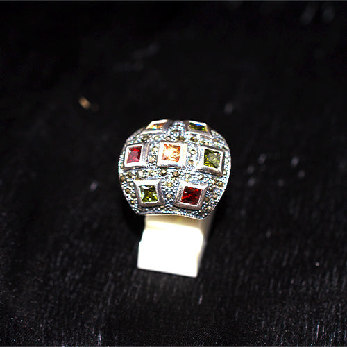 925 Sterling Silver Turkish Multi-Gemstone and Marcasite Dome Ring