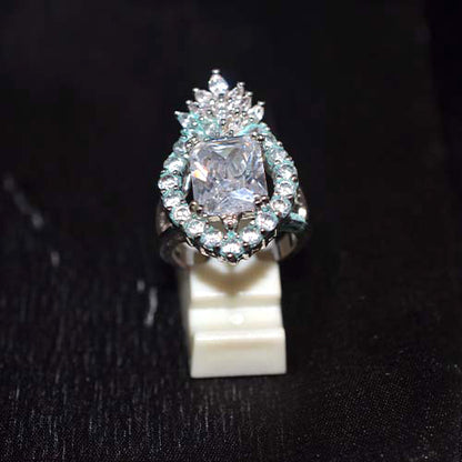 925 Sterling Silver Cubic Zirconia Aquamarine Halo Crown Ring