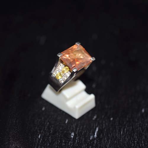 925 Sterling Silver Peach Gemstone Rectangle Ring with Accent Stones