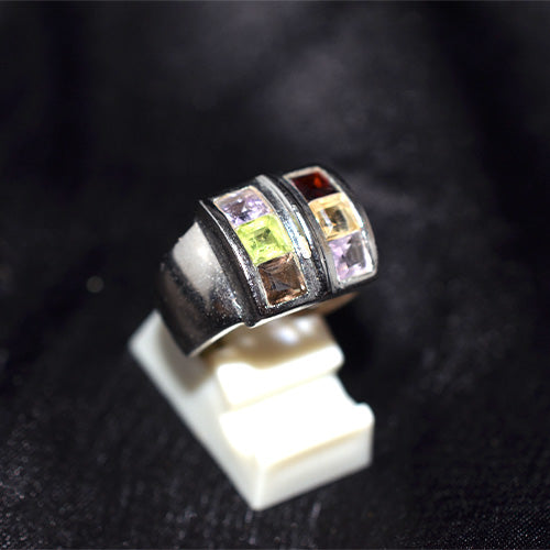 925 Sterling Silver Multi Gemstone Channel Set Band Ring
