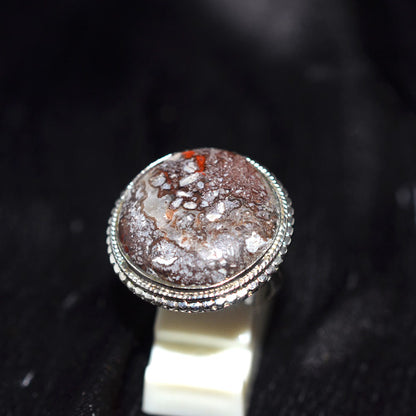 925 Sterling Silver Round Snowflake Jasper Ring with Beaded Setting