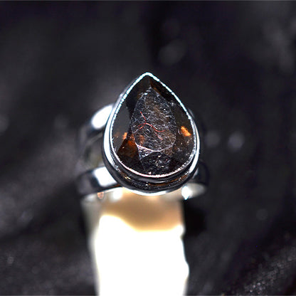 925 Sterling Silver Pear Smoky Quartz Double Band Ring