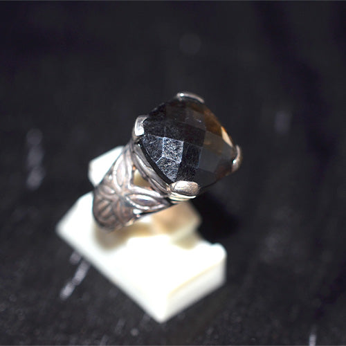 925 Sterling Silver Cushion Cut Black Onyx Ring with Engraved Band