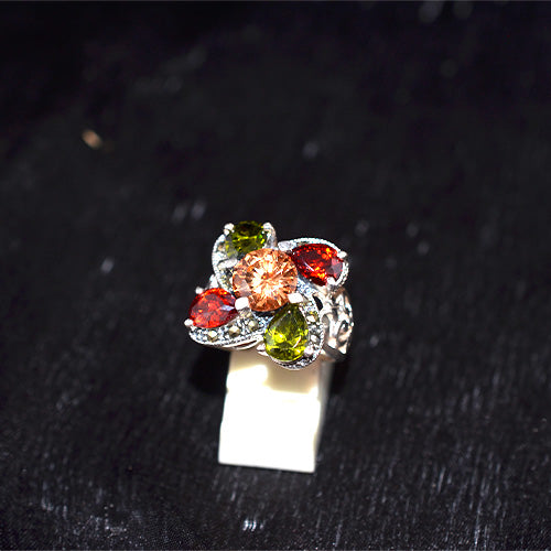 925 Sterling Silver Turkish Multi-Gemstone Clover Motif Ring