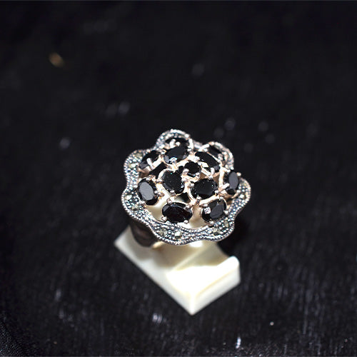 925 Sterling Silver Turkish Black Onyx Cluster Ring with Marcasite Border