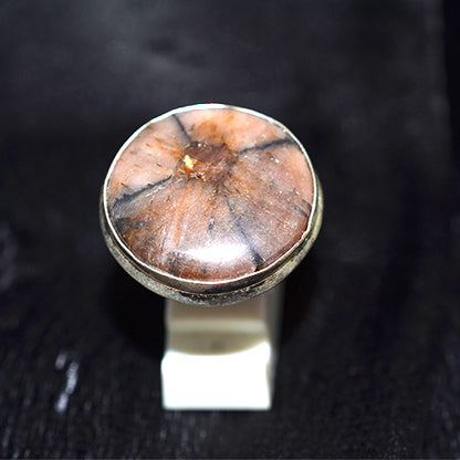925 Sterling Silver Light Brown Chiastolite Round Ring