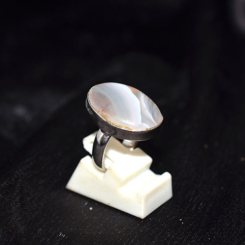 925 Sterling Silver Oval Grey Agate Band Ring