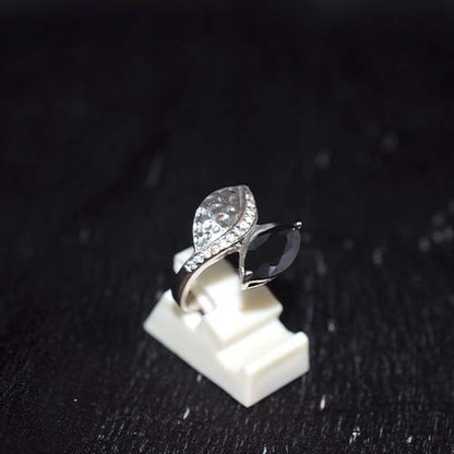 925 Sterling Silver Black and White Marquise Bypass Ring