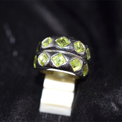 925 Sterling Silver Peridot Checkered Pattern Dome Ring