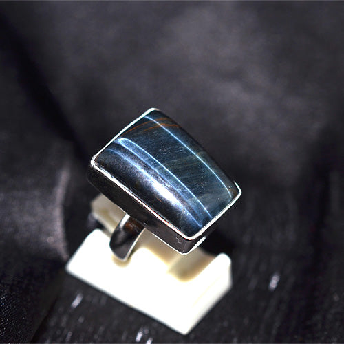 925 Sterling Silver Rectangular Blue Tiger Eye Bezel Ring