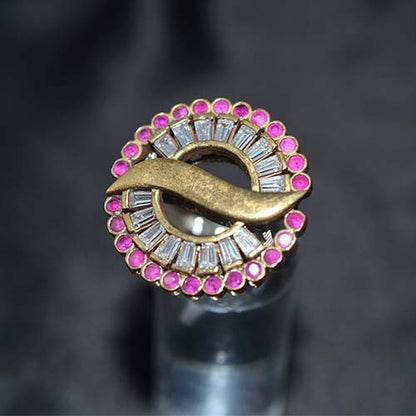 6 Carat Gold Plated Pink and White Circular Motif Ring