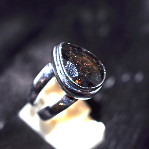 925 Sterling Silver Pear Smoky Quartz Double Band Ring