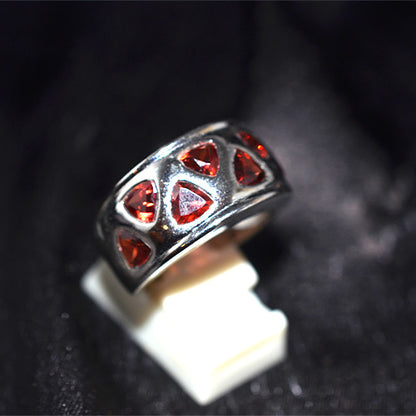 925 Sterling Silver Trillion Cut Garnet Inlay Band Ring