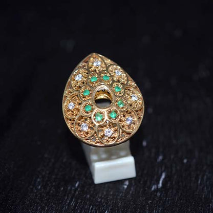 6 Carat Gold Plated Emerald and Crystal Filigree Teardrop Ring