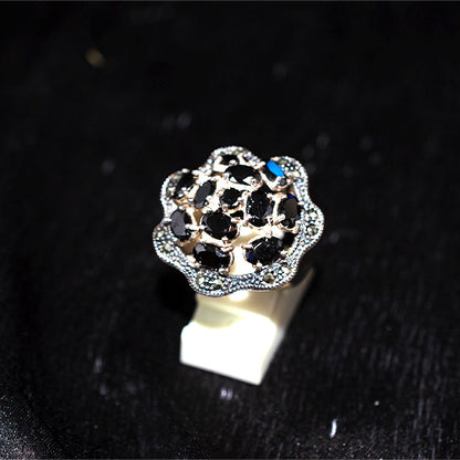 925 Sterling Silver Turkish Black Onyx Cluster Ring with Marcasite Border