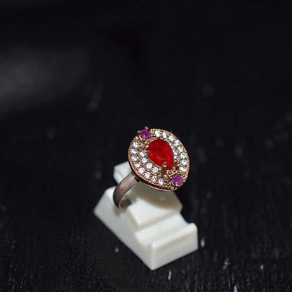 6 Carat Gold Plated Red Pear Halo Ring