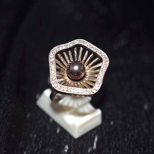 6-Carat-Gold-Plated Dark Pearl and Pave Crystal Floral Ring