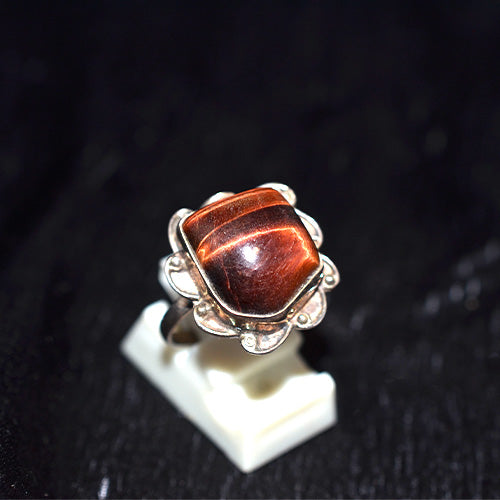 925 Sterling Silver Red Tiger's Eye Flower Setting Ring